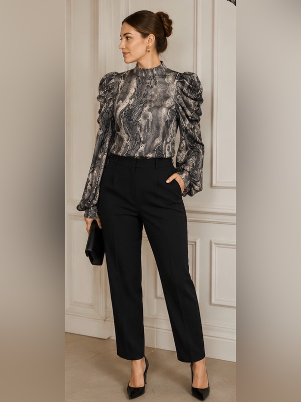 Sculpted Sleeve Marble-Print Women's Top in Black and Gray